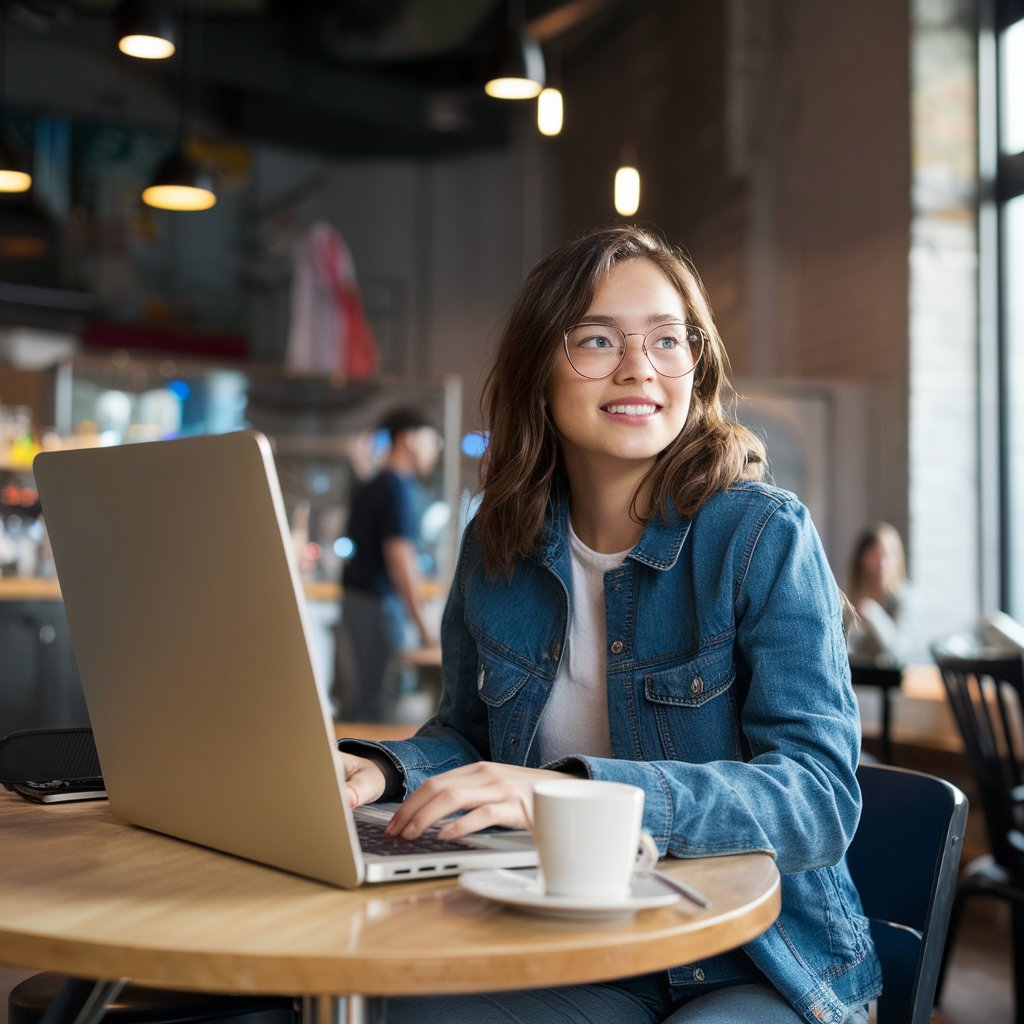 Una joven con su computadora sentada en un café